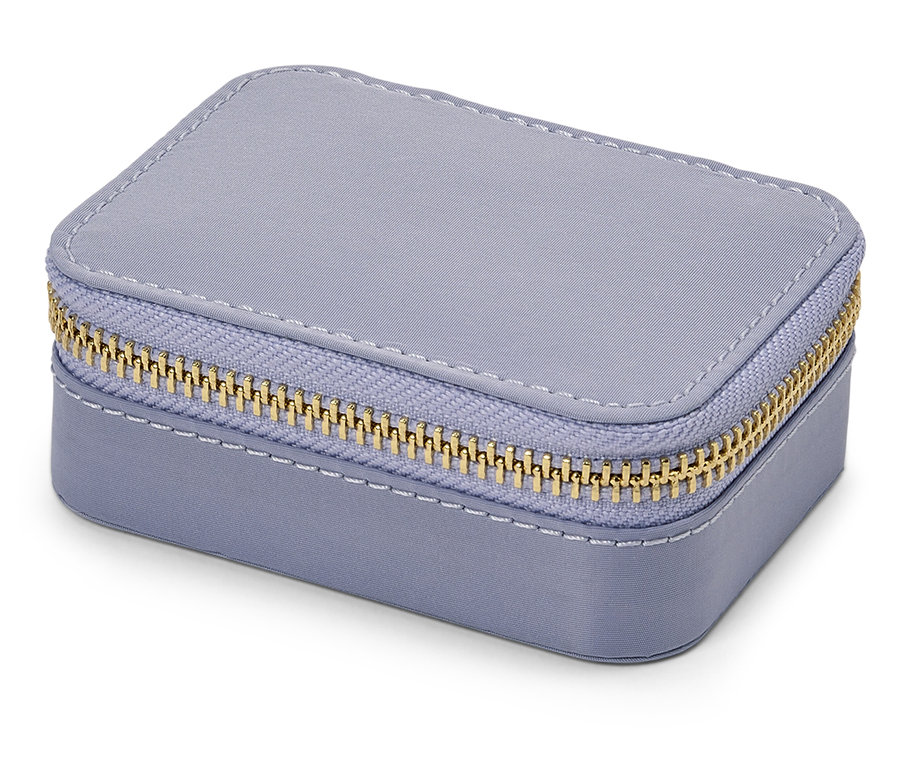 Une boîte à bijoux rectangulaire violette avec une fermeture éclair dorée.