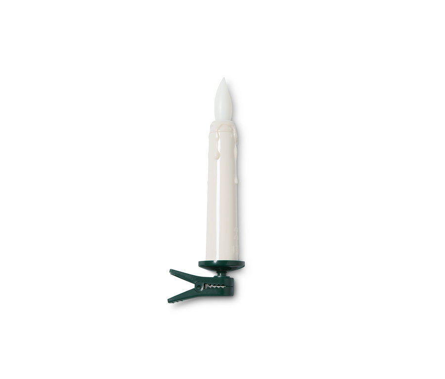 Gros plan d'une bougie LED pour sapin de Noël avec pince.