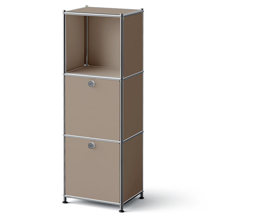 Armoire beige avec deux tiroirs et une étagère ouverte sur le dessus.