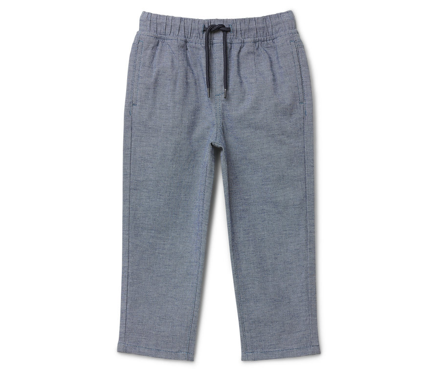 Pantalon bleu avec cordon de serrage noir à la taille.