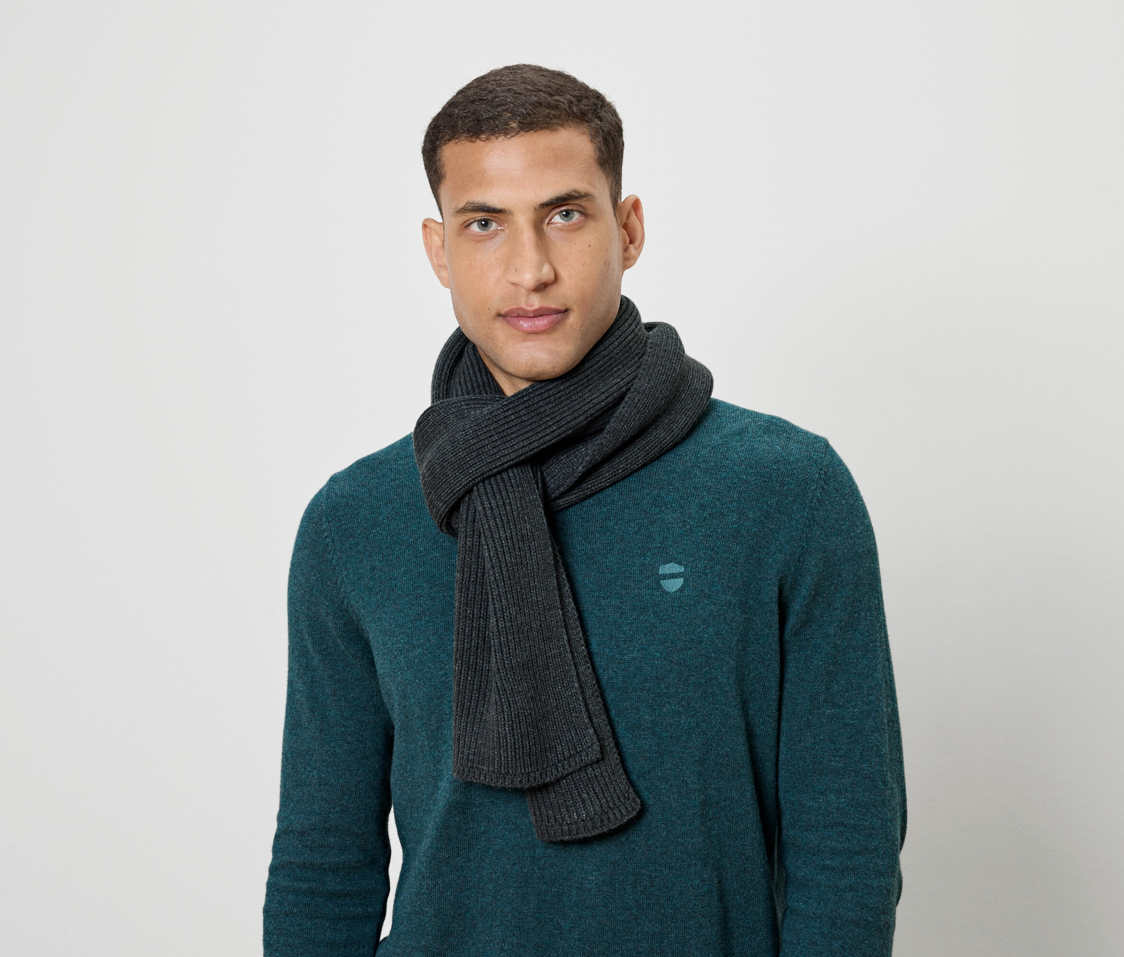 Homme portant une écharpe gris foncé et un pull bleu-vert.