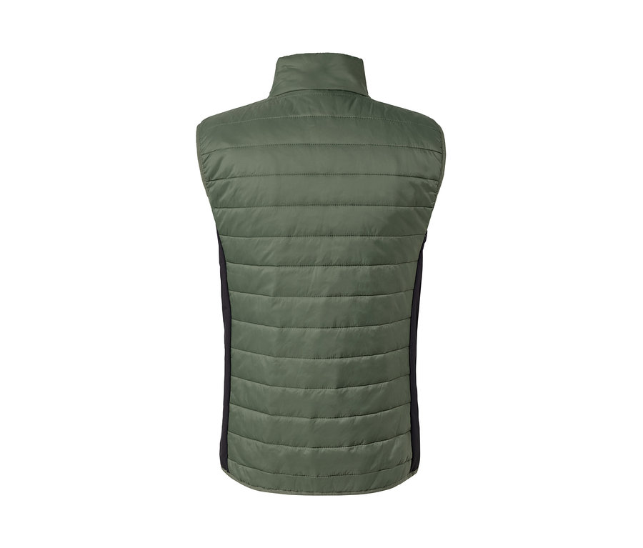 Vue détaillée de l'arrière d'un gilet matelassé « pack light » olive.