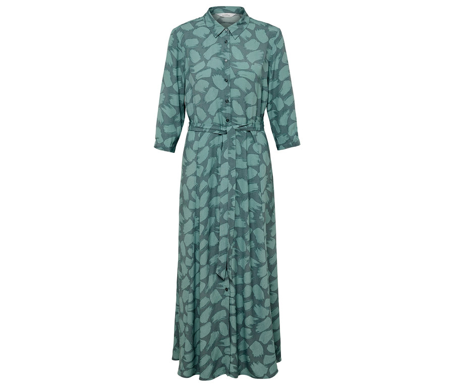 Longue robe verte à manches trois quarts avec imprimé.