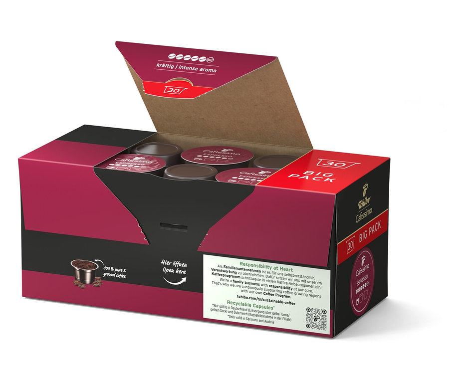 Paquet ouvert de capsules de café Cafissimo Espresso kräftig.