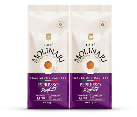 Deux paquets de Caffè Molinari Espresso Perfetto en grains – 2 x 1 kg. Les paquets sont blancs avec une bande violette en bas.