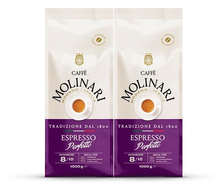 Deux paquets de Caffè Molinari Espresso Perfetto en grains – 2 x 1 kg. Les paquets sont blancs avec une bande violette en bas.