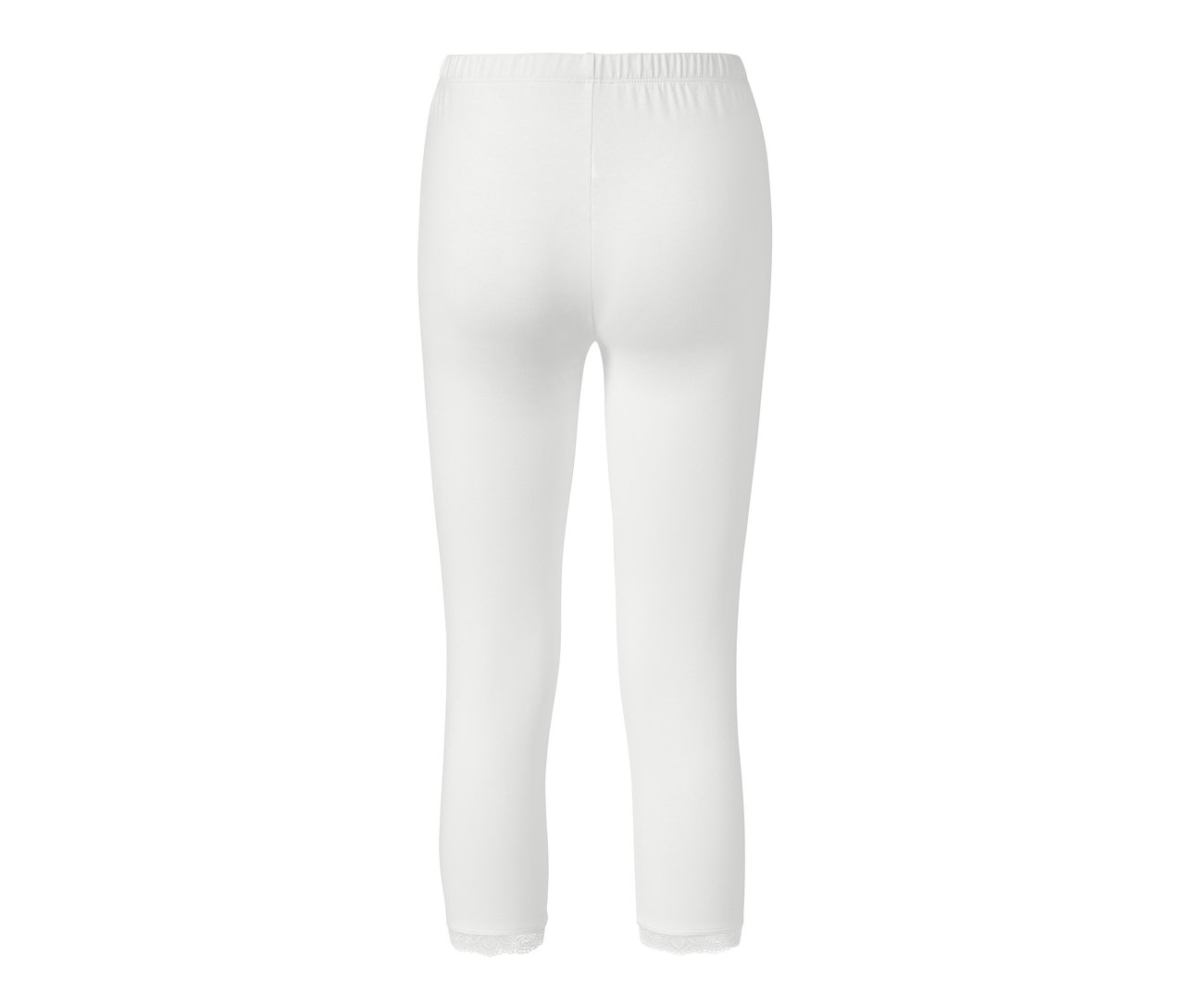 Détail d'un legging 3/4 blanc avec bordure en dentelle.