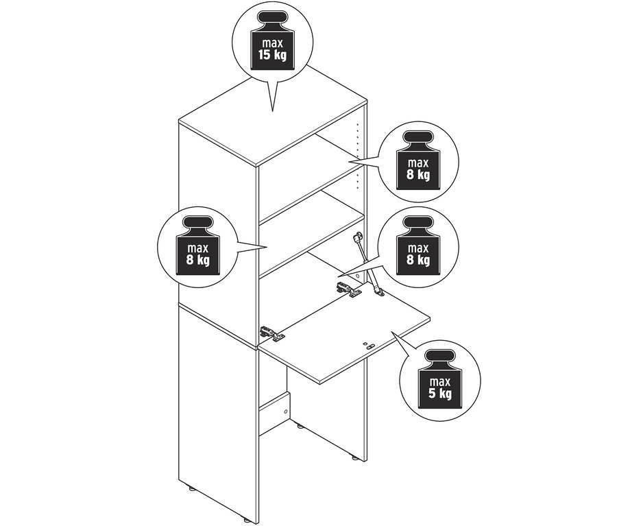 Schéma d'une armoire pour lave-linge avec surface de travail rabattable et indication de la capacité de charge maximale des étagères et de la surface.