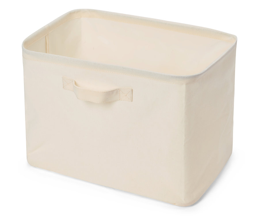 Boîte de rangement en tissu beige avec poignée.