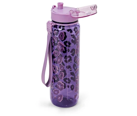 Bouteille d'eau violette avec motif léopard.