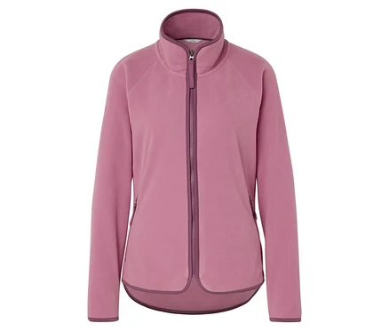 Veste en polaire rose avec fermeture éclair au centre.