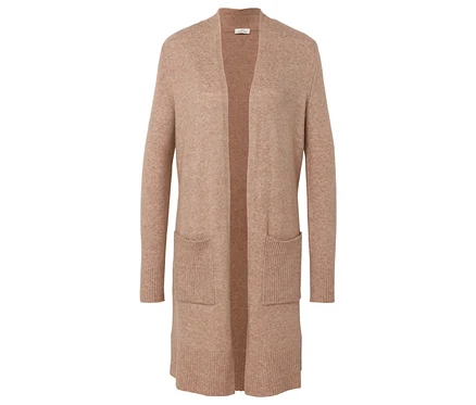 Un cardigan long ouvert beige avec des poches.