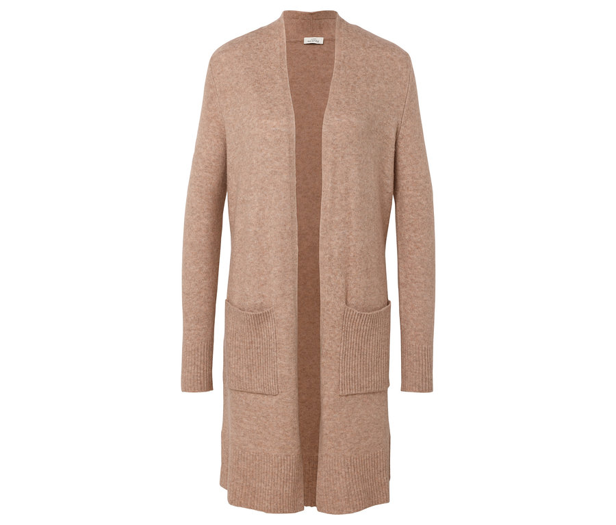 Un cardigan long ouvert beige avec des poches.