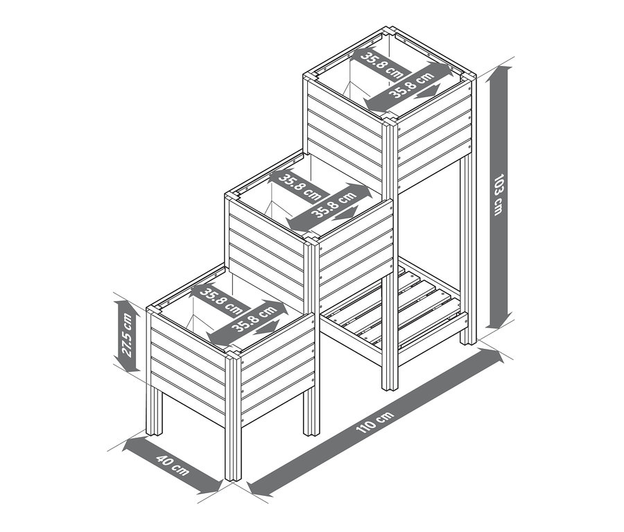Schéma de la jardinière en escalier « Tinus » avec étagère, avec indications de dimension.