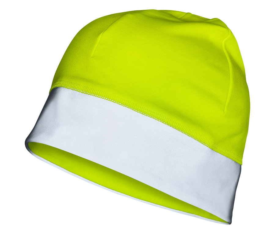 Bonnet jaune avec bordure blanche.
