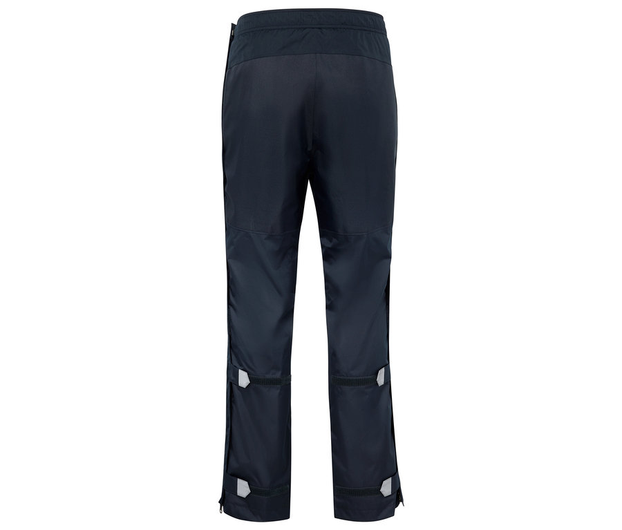 Pantalon de pluie bleu marine avec détails réfléchissants et fermetures éclair sur les côtés.
