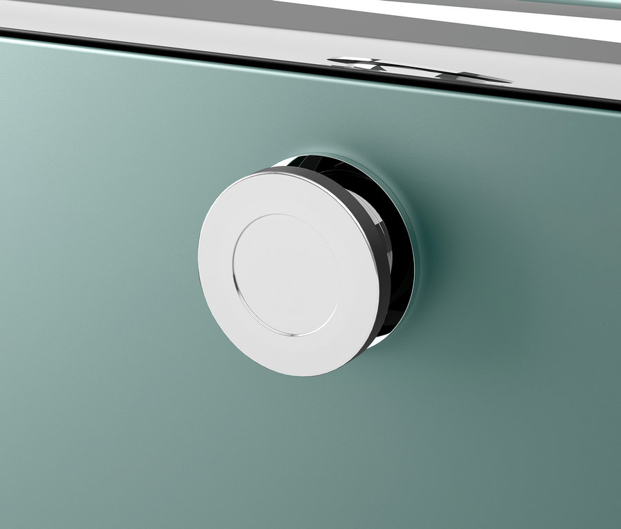 Détail d'un meuble bleu clair avec une poignée ronde argentée.