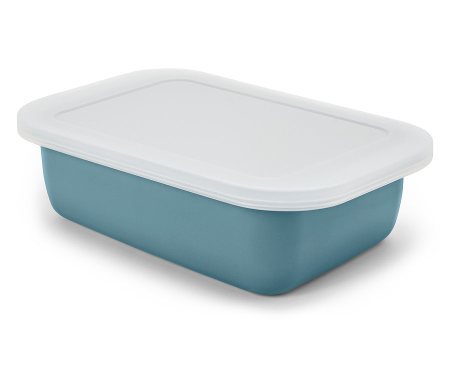 Une boîte rectangulaire bleue avec un couvercle blanc.