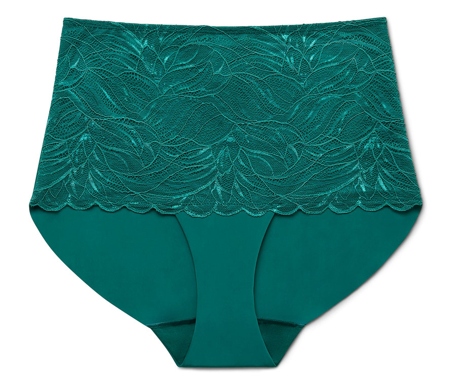 Culotte verte pour femme avec partie supérieure en dentelle, isolée sur fond blanc.