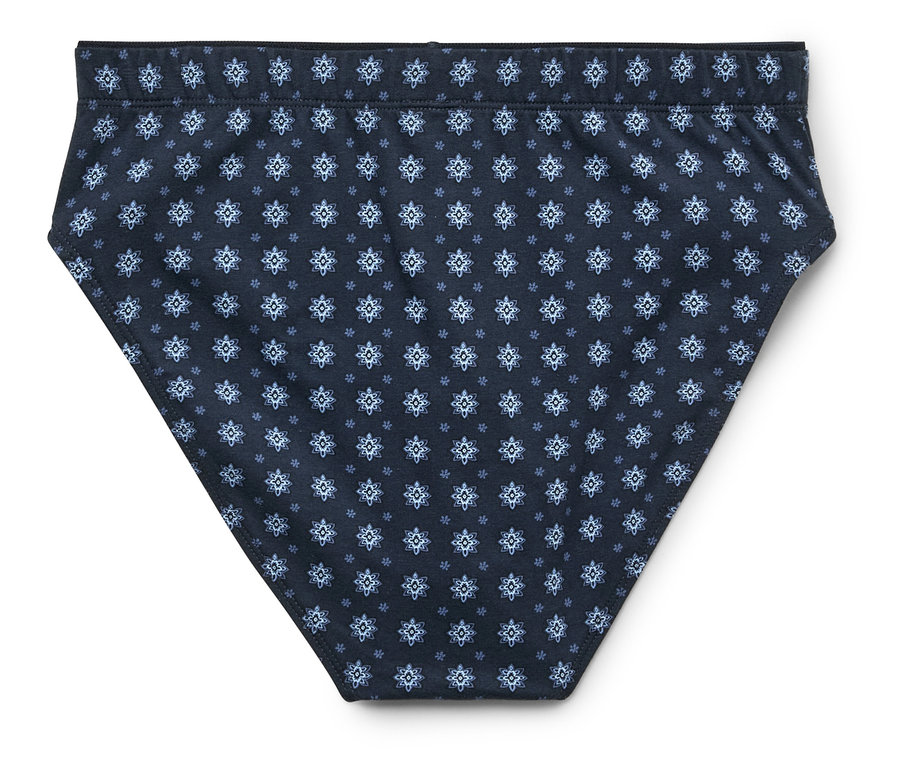 Culotte pour femme bleu marine avec un motif de fleurs bleu clair sur fond blanc.