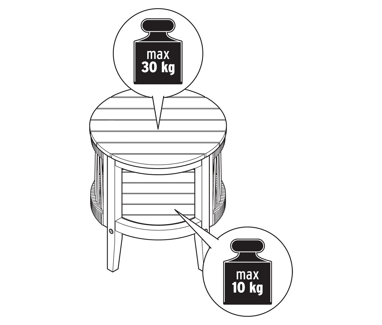 Illustration d'une table d'appoint de jardin avec plateau amovible, Ø 50 cm environ, avec des informations sur le poids.