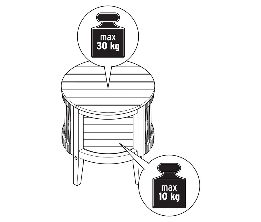 Illustration d'une table d'appoint de jardin avec plateau amovible, Ø 50 cm environ, avec des informations sur le poids.