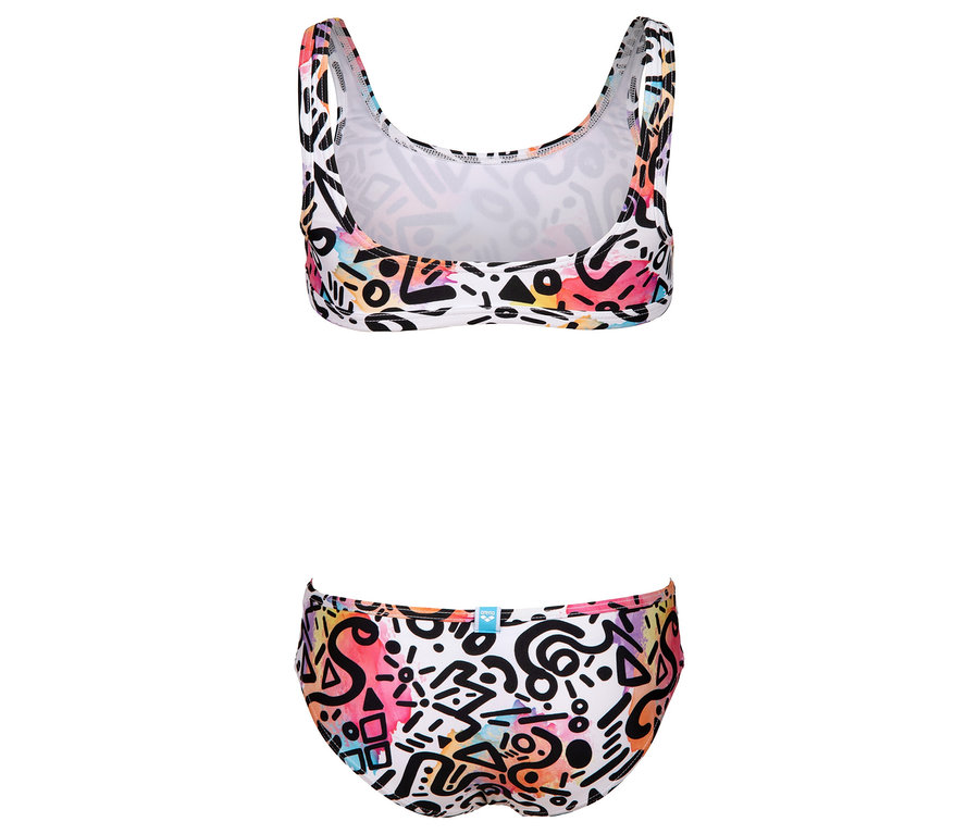 Bikini blanc avec motif abstrait en noir, rose, jaune et bleu.