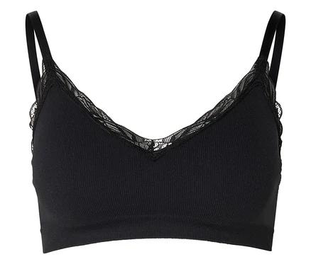 Bralette noire côtelée à fines bretelles avec bordure en dentelle sur l'encolure en V.