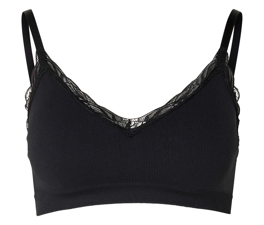 Bralette noire côtelée à fines bretelles avec bordure en dentelle sur l'encolure en V.