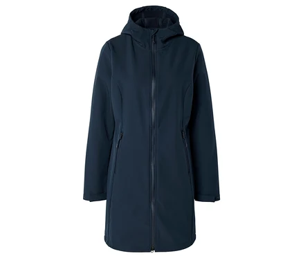 Longue veste softshell bleu marine avec capuche et fermeture éclair sur le devant.