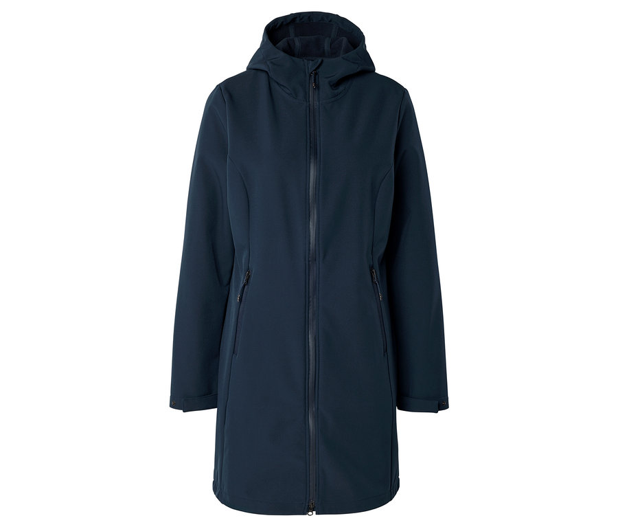 Longue veste softshell bleu marine avec capuche et fermeture éclair sur le devant.