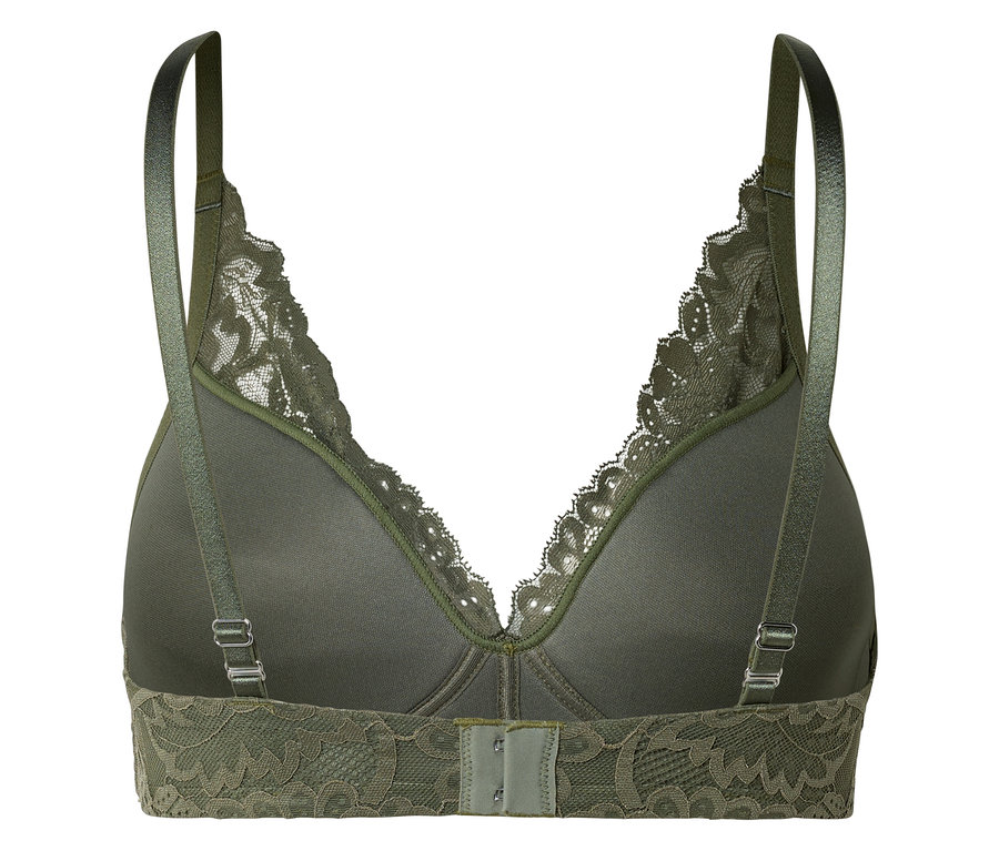 Vue arrière d'un soutien-gorge vert olive avec dentelle et bretelles réglables.
