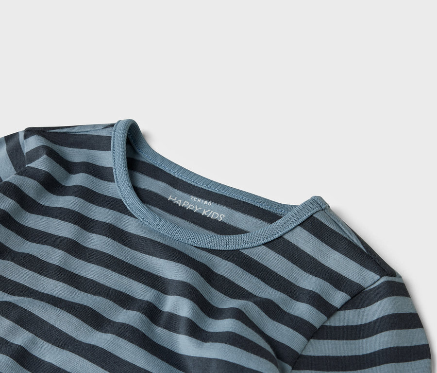 Vue détaillée d'un t-shirt rayé bleu et gris avec l'inscription "TCHIBO HAPPY KIDS" sur le col.