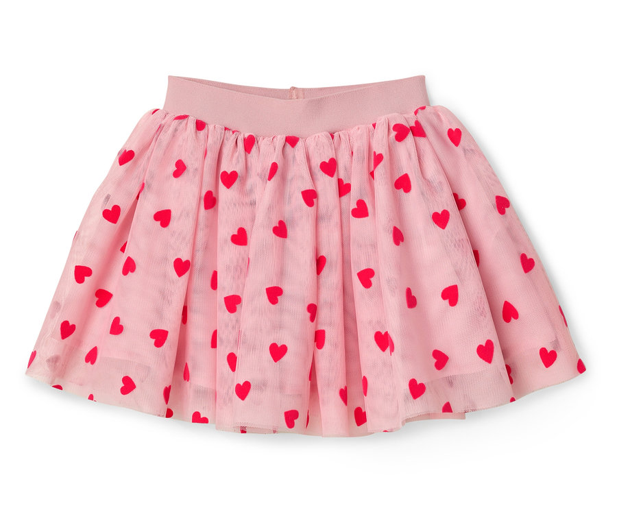 Jupe en tulle rose avec des coeurs rouges.