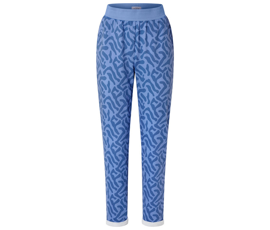 Un pantalon bleu avec un motif bleu clair sur un fond blanc.