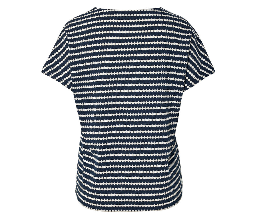 Vue arrière d'un t-shirt bleu marine avec des rangées horizontales de points blancs.