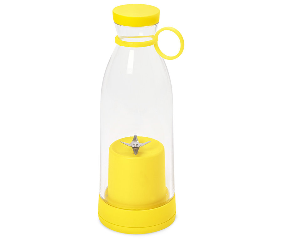 Mélangeur portable jaune avec récipient transparent sur fond blanc.