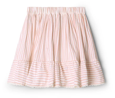 Jupe tissée pour enfant avec des rayures verticales pêche sur fond clair, une taille élastique, un volant brodé de fleurs et une bordure en dentelle.