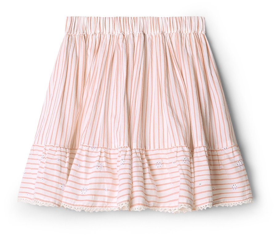 Jupe tissée pour enfant avec des rayures verticales pêche sur fond clair, une taille élastique, un volant brodé de fleurs et une bordure en dentelle.