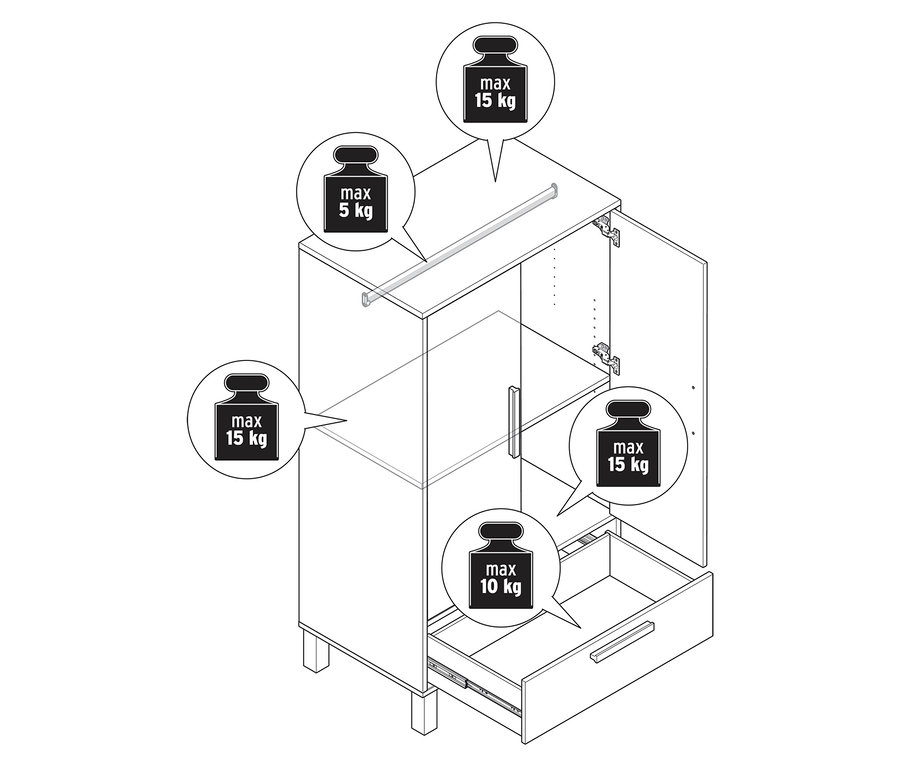 Illustration d'une armoire pour enfants « Leira » avec spécifications de poids.