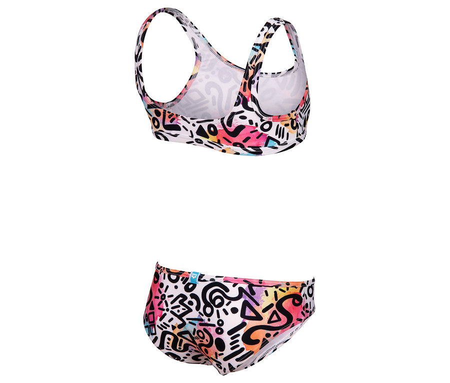 Bikini blanc avec motifs géométriques colorés, composé d'un haut et d'un slip de bain.