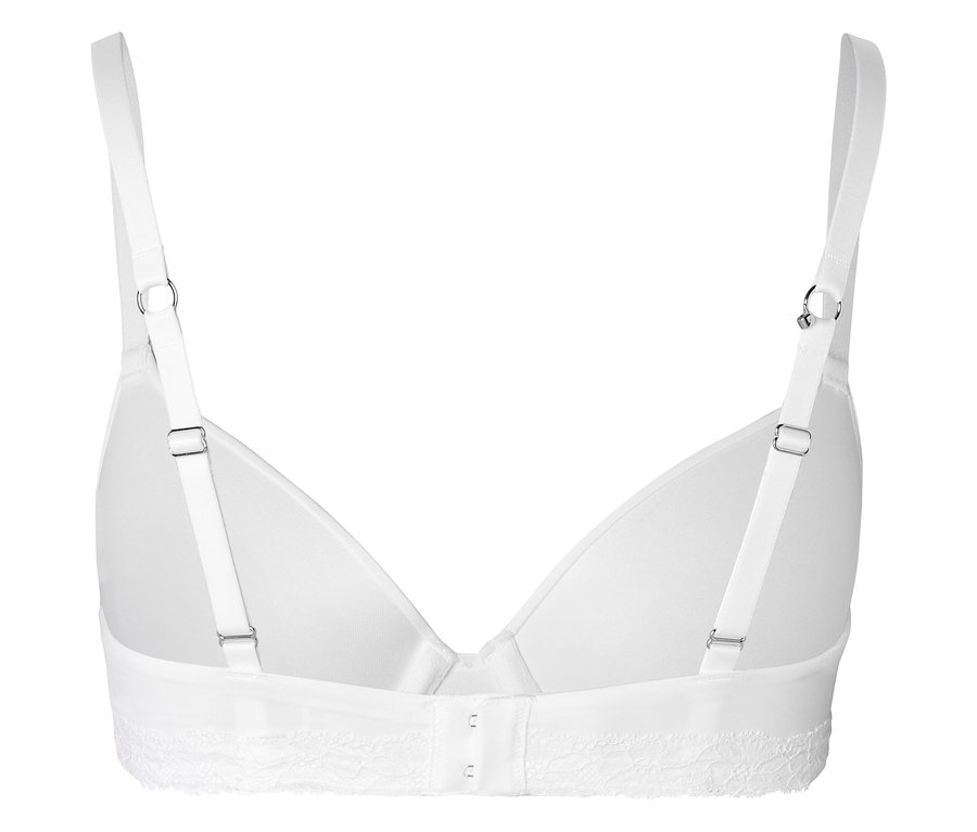 Vue arrière d'un soutien-gorge blanc avec des bretelles réglables et une bande de dentelle.