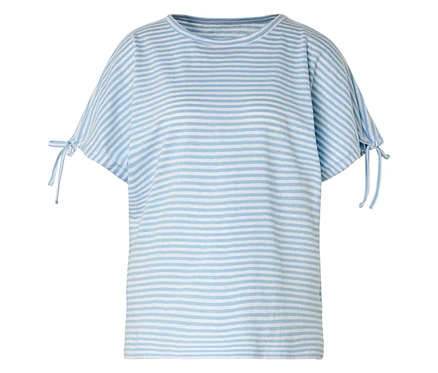 T-shirt rayé bleu clair et blanc à manches courtes avec détails de nœuds sur les manches.
