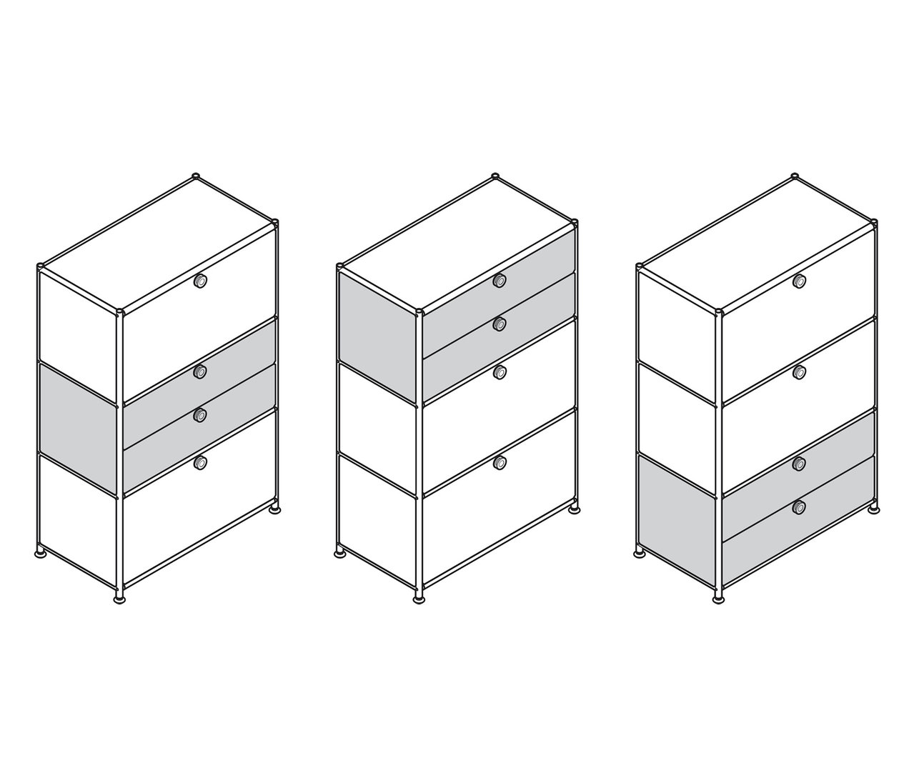 Trois commodes en métal «
CN3
» à 2 abattants et 2 tiroirs sont présentées en blanc, gris et taupe.