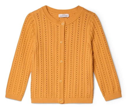Gilet jaune en tricot avec manches longues et boutons.
