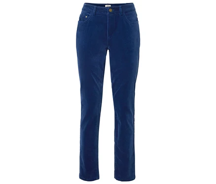 Pantalon en velours côtelé bleu avec jambe droite et poches avant.