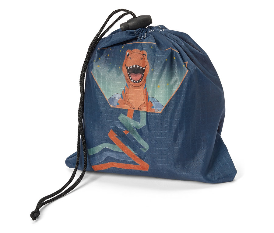 Sac de sport bleu à cordon de serrage avec un imprimé dinosaure orange à gueule ouverte.