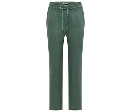 Pantalon vert avec cordon de serrage et taille élastique, vue de face.