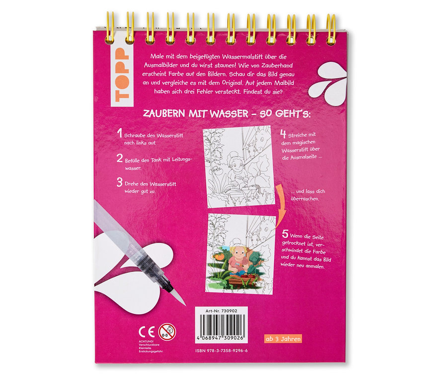 Livre de coloriage avec pinceau à eau et instructions pour la peinture à l'eau inclus.