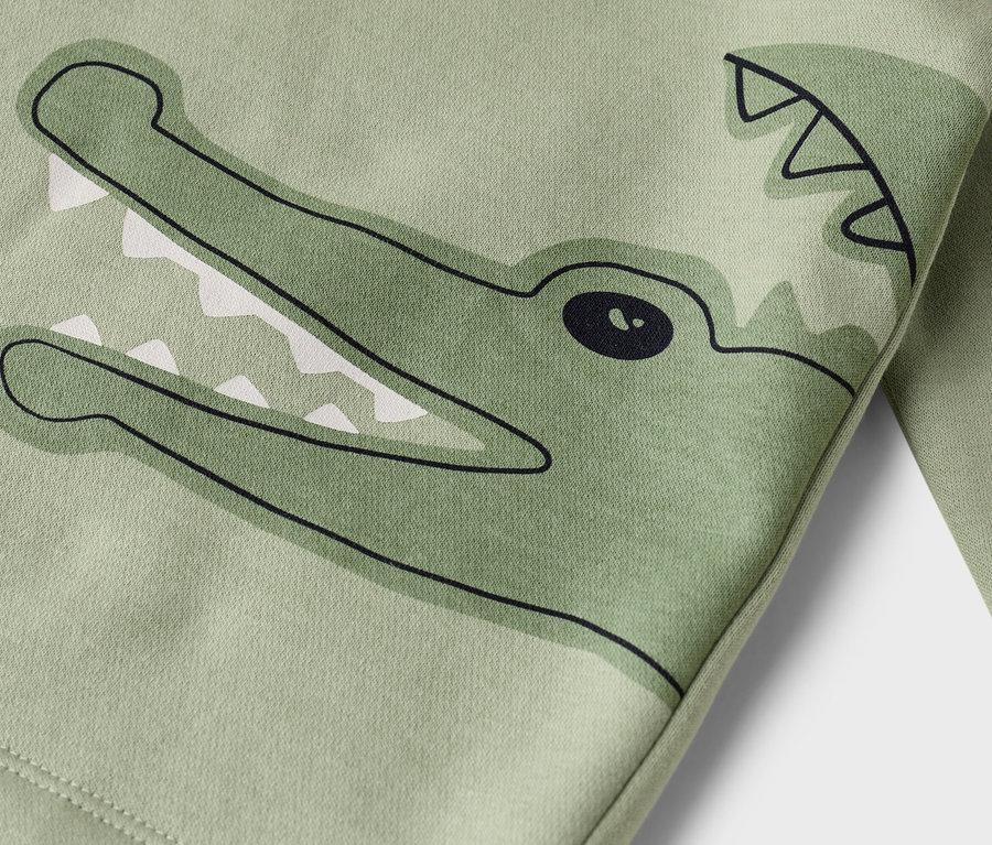 Gros plan d'un tissu vert clair avec une tête de crocodile imprimée.
